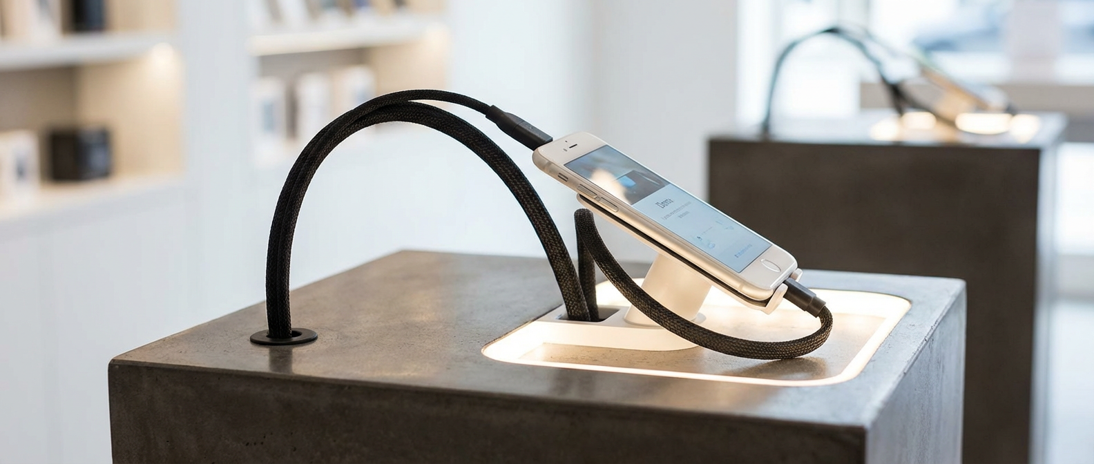 Антикражный кабель в демо-зоне смартфонов